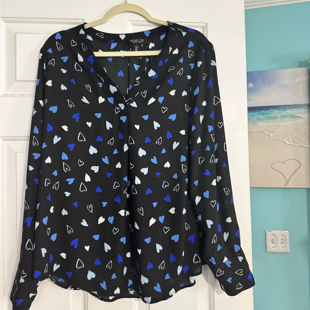 Rachel Zoe Black Blouse with Blue and White Hearts